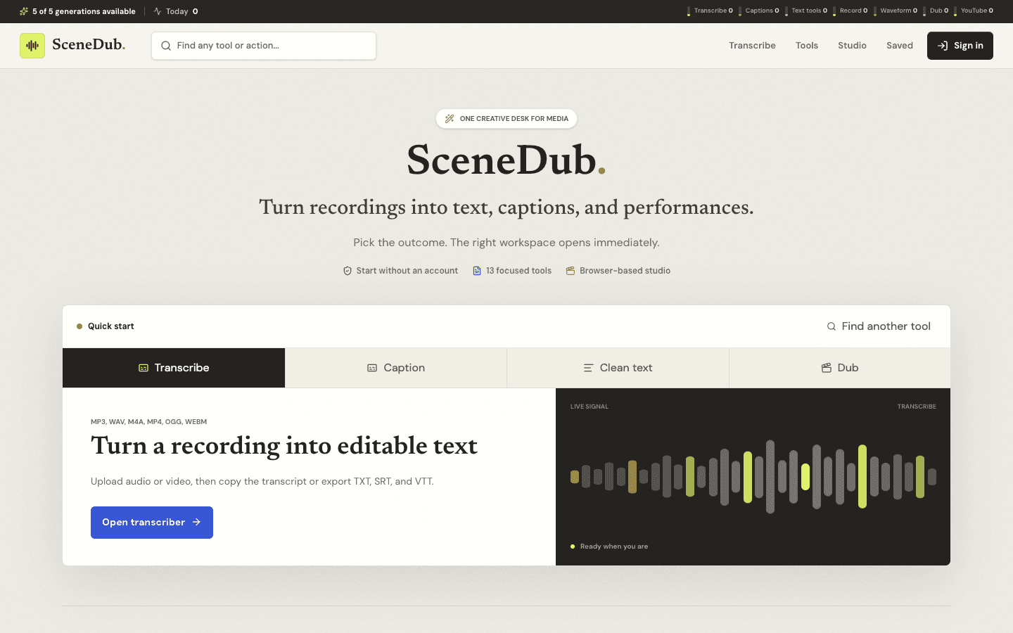 The SceneDub browser workspace for audio, captions, and dubbing